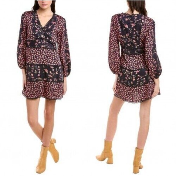 French Connection Daisy Crush Dress Size 6 NWT Navy Pink Floral Boho Mini Tiered - Picture 1 of 13